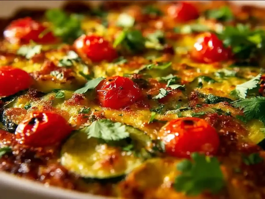 Delicious Tex-Mex Zucchini Bake topped with cheese and spices
