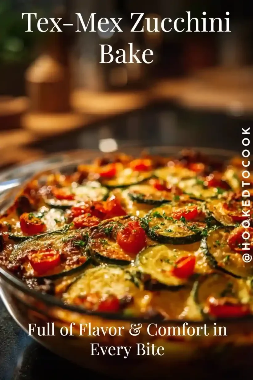 Zucchini Bake featuring melted cheese, cherry tomatoes, cilantro, and zucchini in a golden Tex-Mex casserole.