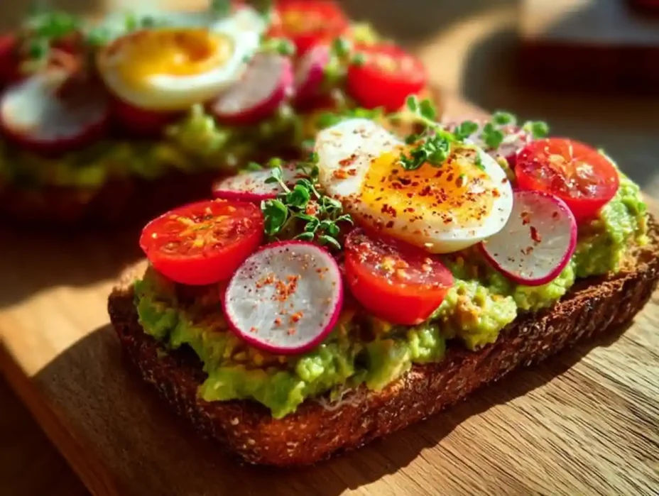 Delicious avocado toast with toppings on a wooden serving board