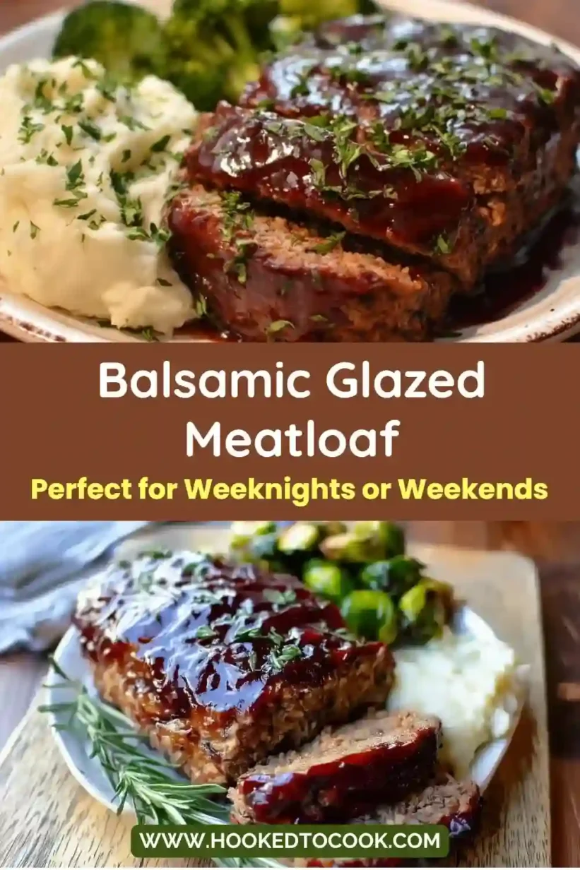 A beautifully plated Balsamic Glazed Meatloaf garnished with fresh herbs and seasonal vegetables.