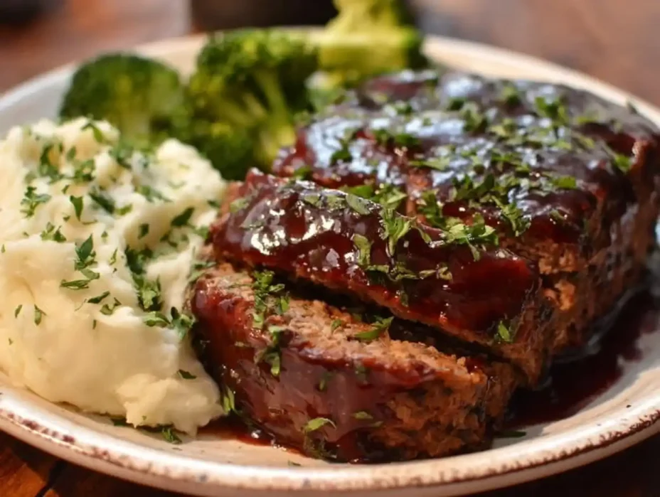 Delicious balsamic glazed meatloaf served with vegetables on a plate