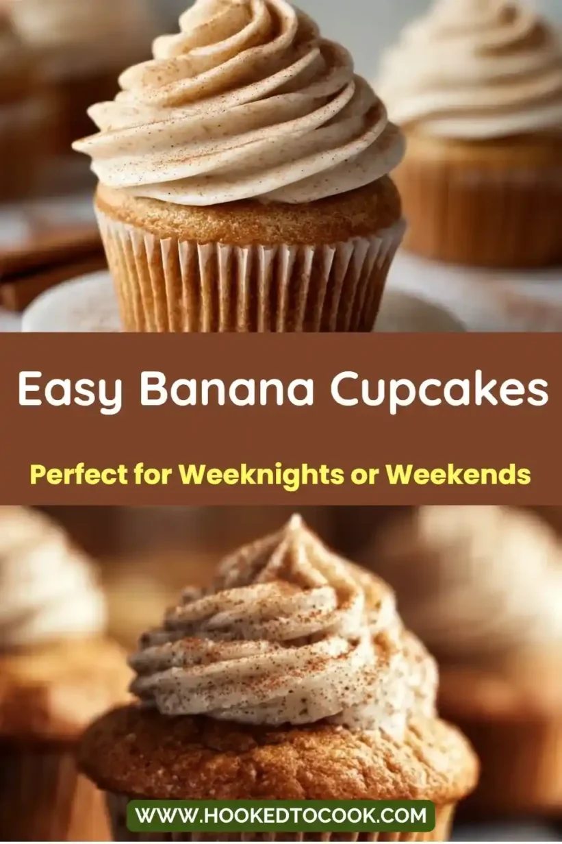 A delightful platter of Easy Banana Cupcakes topped with creamy frosting.
