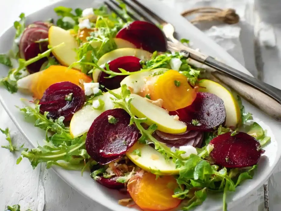 Beet salad with goat cheese and balsamic dressing, fresh and colorful