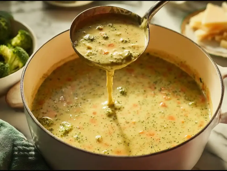Bowl of creamy broccoli cheddar soup garnished with fresh herbs