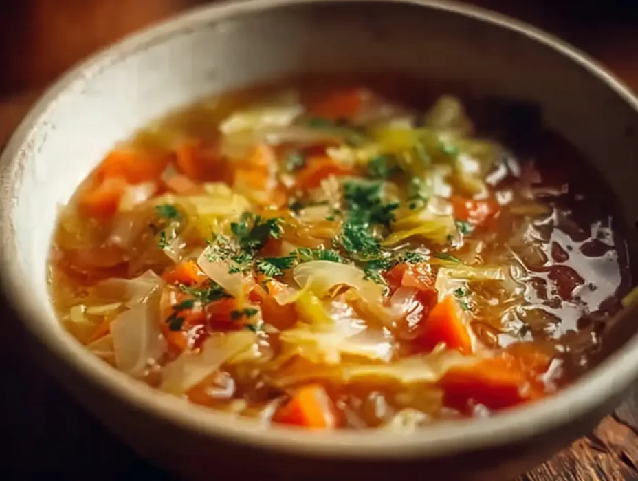 Bowl of Detox Cabbage Soup filled with fresh vegetables and herbs