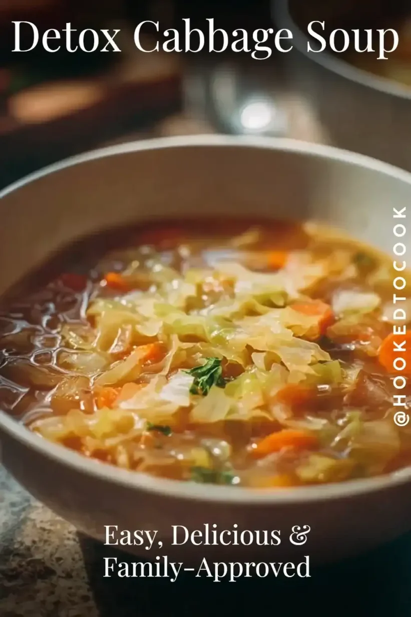Cabbage soup with carrots and tomatoes in a rustic bowl, warm and hearty detox meal