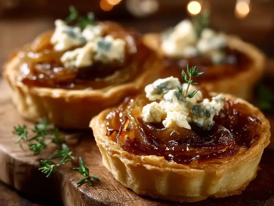 Caramelized onion and goat cheese tarts ready to serve as an appetizer