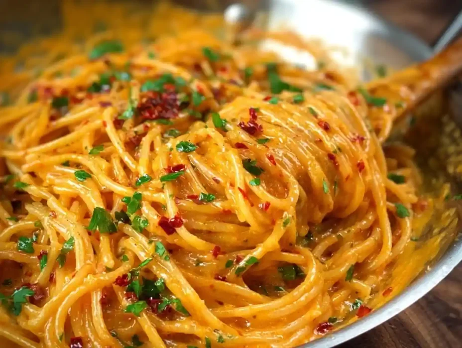Creamy caramelized onion pasta topped with fresh herbs and cheese