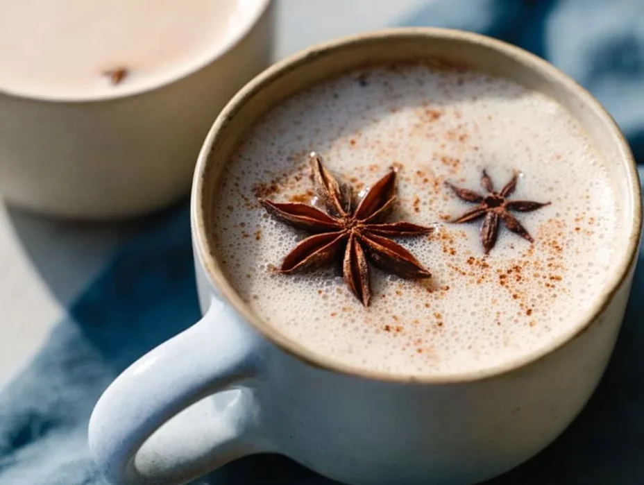 Creamy chai spiced coconut milk in a rustic cup with spices.