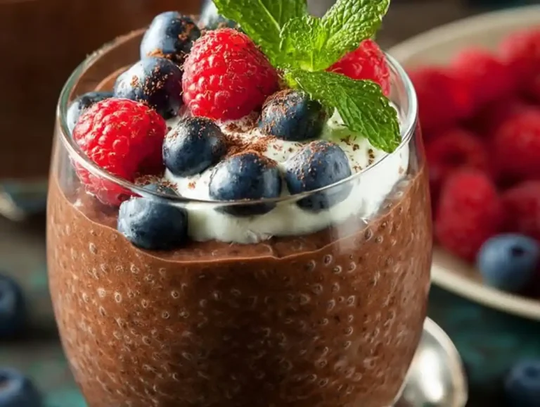 Chocolate protein chia pudding in a bowl topped with fruit and nuts.