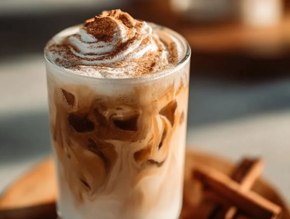 A cup of Cinnamon Roll Protein Coffee with a cinnamon roll on the side