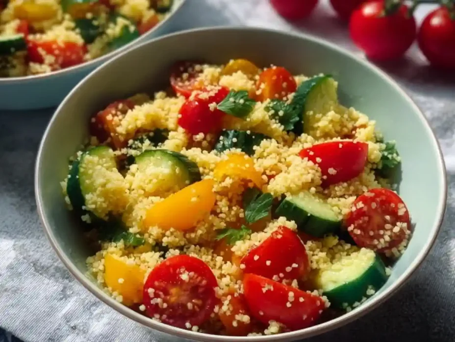 Colorful couscous salad with fresh vegetables and herbs in a bowl