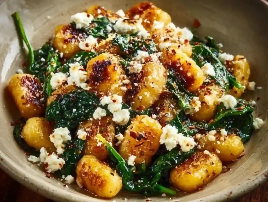 Creamy gnocchi with spinach and feta in a bowl garnished with herbs.