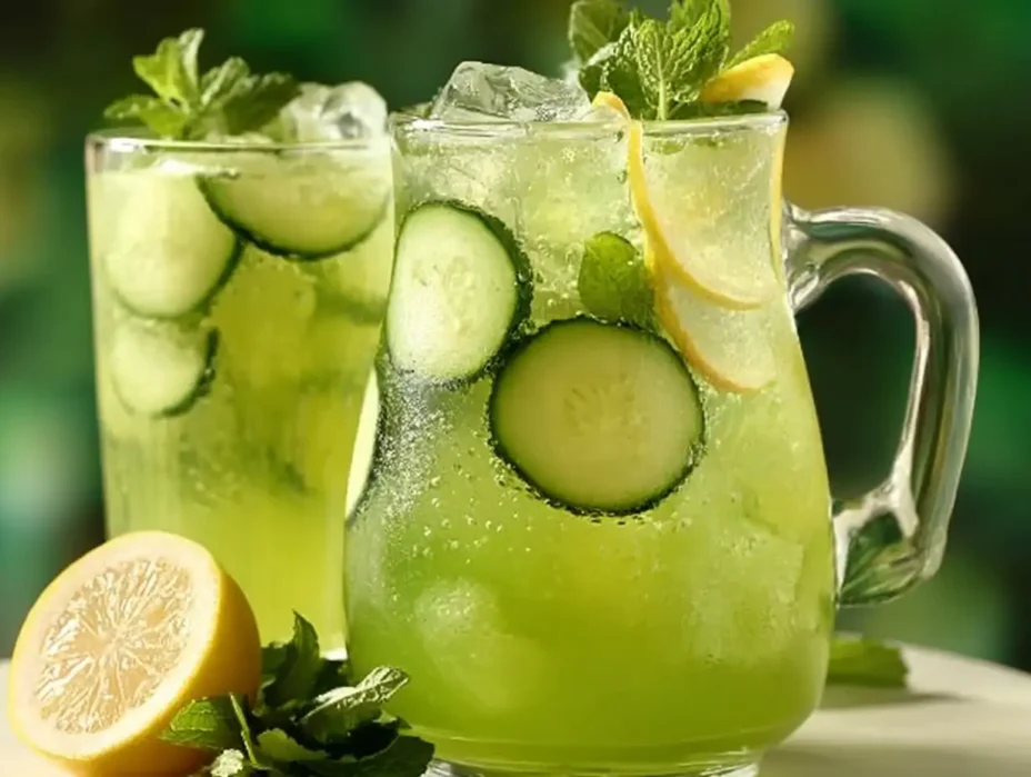 A glass of chilled cucumber lemonade with cucumber slices and lemon wedges