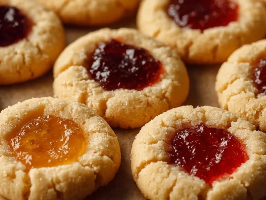Delicious holiday thumbprint cookies on a festive plate