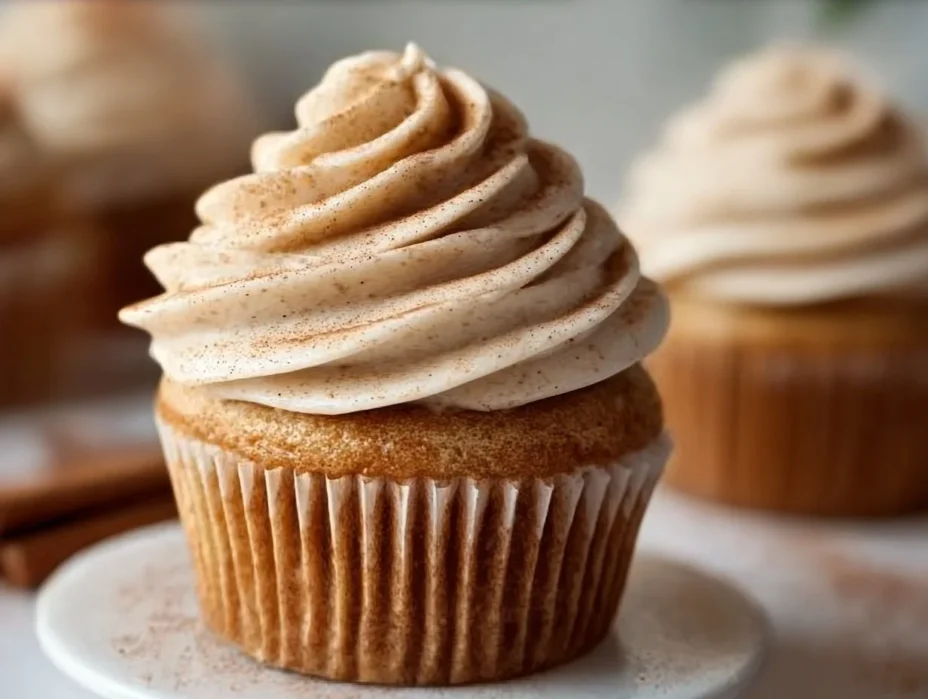 Delicious easy banana cupcakes topped with cream frosting on a plate
