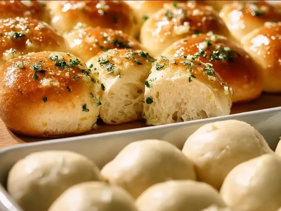 A plate of easy homemade garlic butter dinner rolls, golden and fluffy.