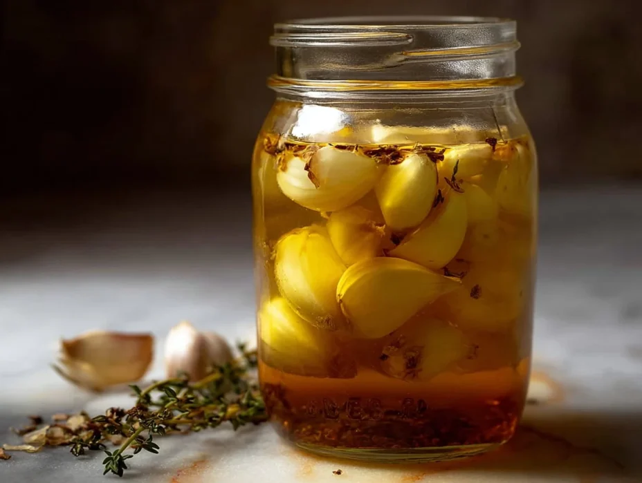 Homemade Garlic Honey Ferment in a jar with fresh garlic cloves and honey.