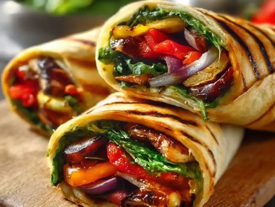 Healthy grilled vegetable wraps filled with colorful veggies and herbs.