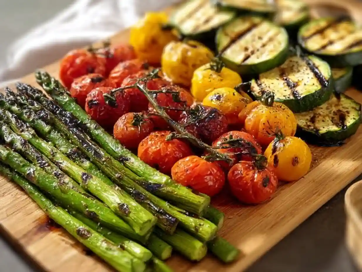 A vibrant grilled vegetable platter showcasing colorful seasonal vegetables.