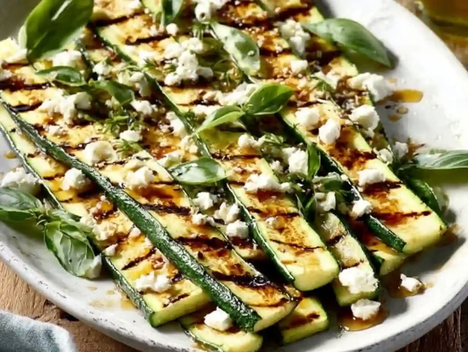 Grilled zucchini drizzled with honey and topped with goat cheese