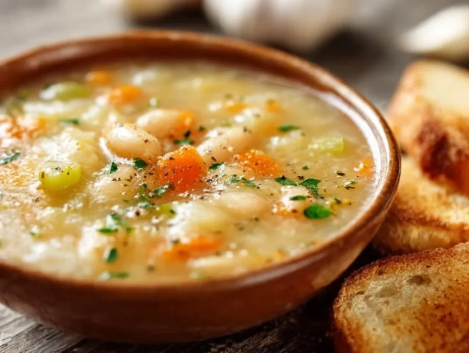 Bowl of hearty bean soup topped with herbs and served with bread