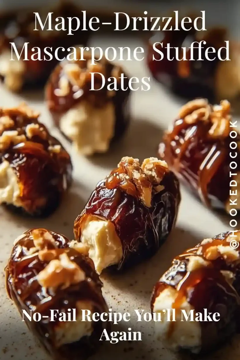 Mascarpone stuffed dates drizzled with maple syrup and topped with chopped nuts