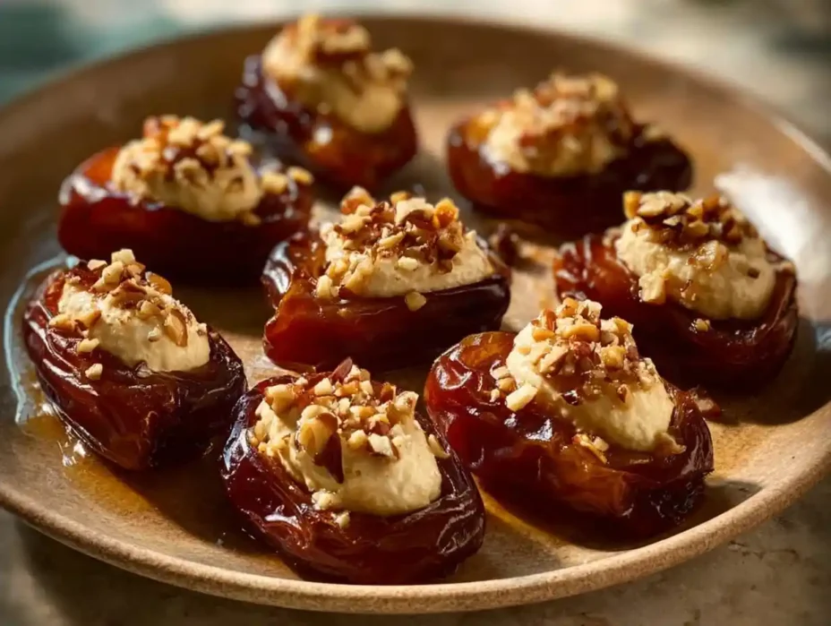 Maple-drizzled mascarpone stuffed dates on a plate, garnished with nuts.