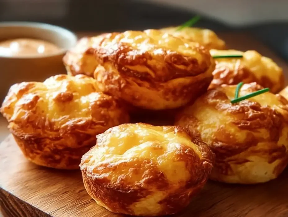 Cheesy mashed potato puffs served on a plate, golden and crispy.