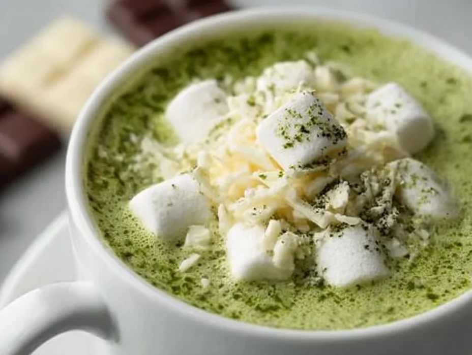 A delicious cup of matcha white hot chocolate topped with whipped cream and matcha powder.