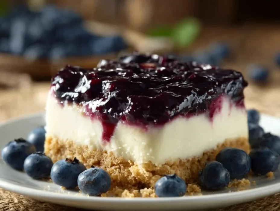No bake blueberry cheesecake topped with fresh blueberries