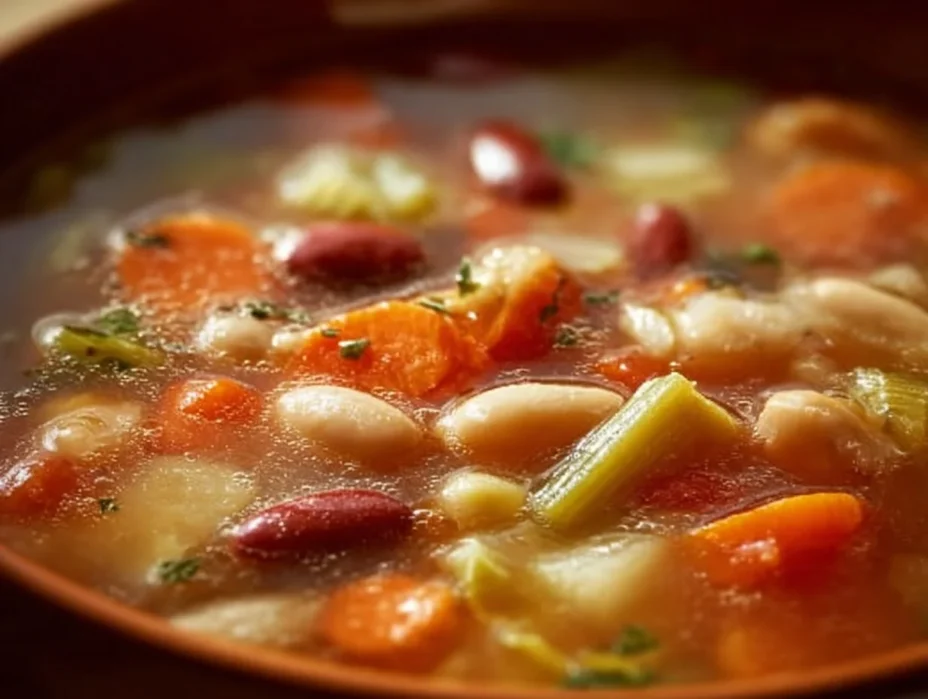 Bowl of Olive Garden-inspired vegetable soup filled with fresh vegetables