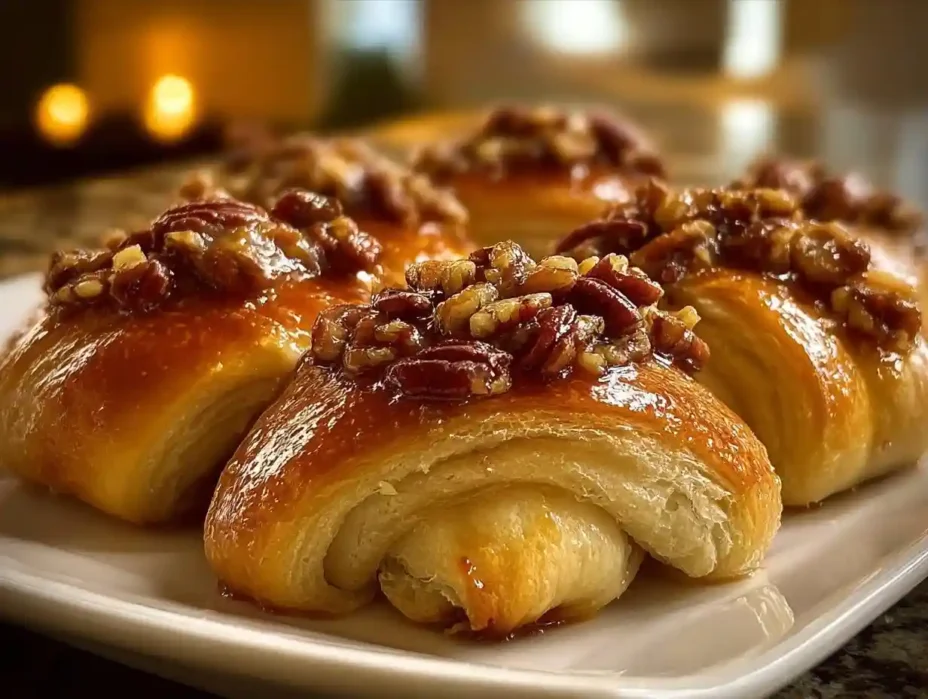 Pecan pie crescent rolls drizzled with caramel and topped with pecans