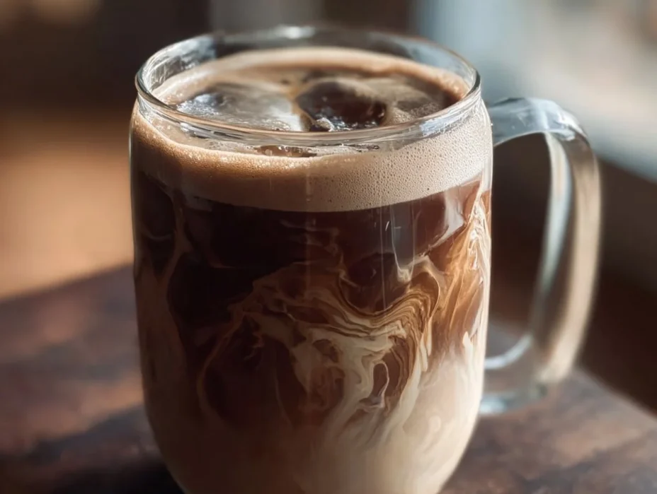 A cup of creamy Protein Coffee with a sprinkle of cocoa on top