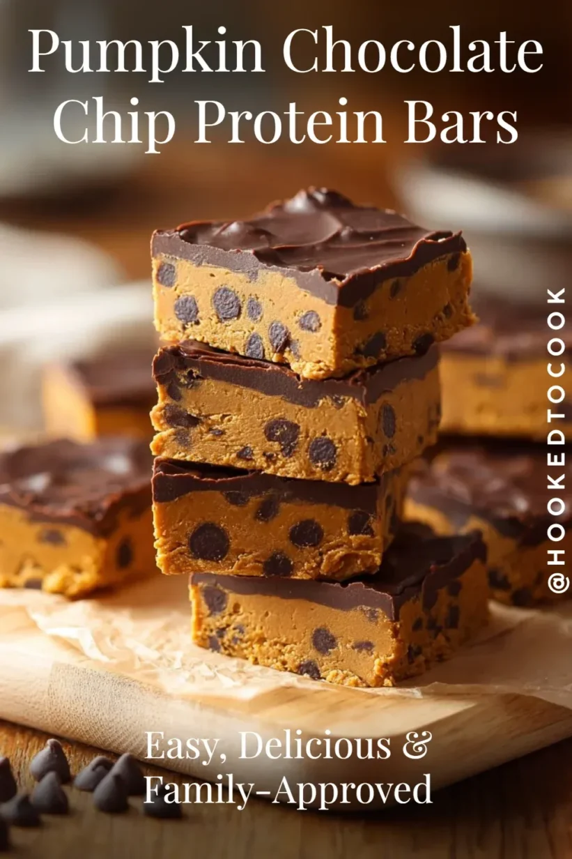 No-bake pumpkin chocolate chip protein bars layered with dark chocolate and packed with chips.