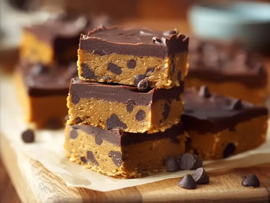 Homemade pumpkin chocolate chip protein bars on a rustic table