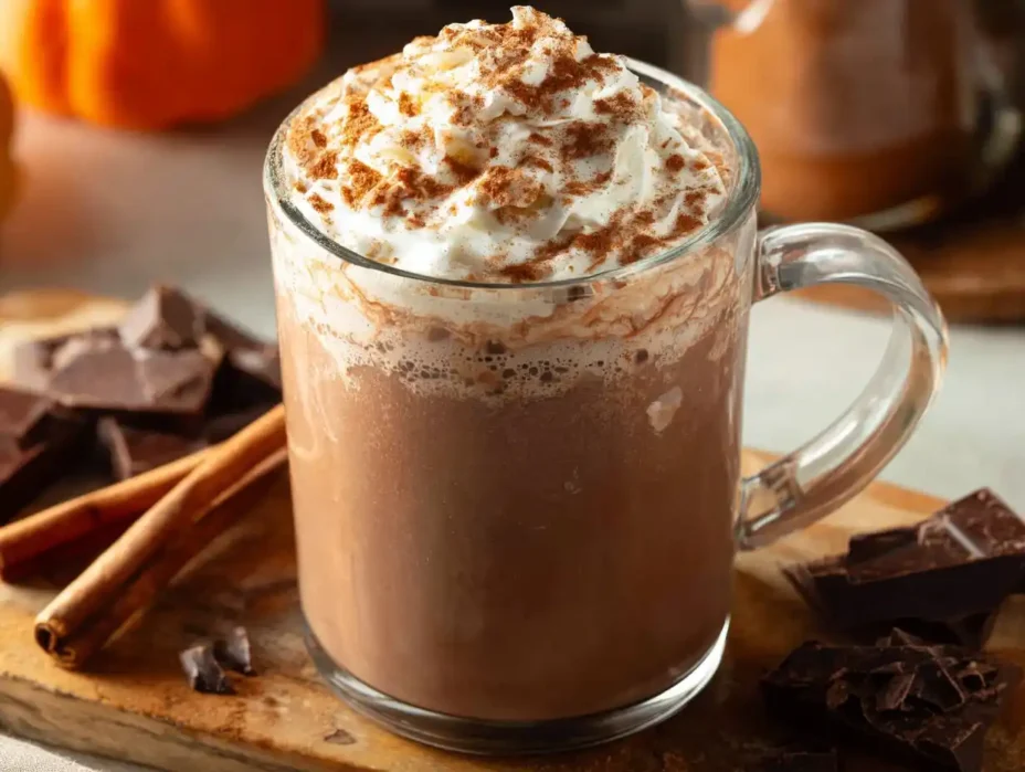 Delicious pumpkin spice hot chocolate topped with whipped cream and cinnamon.