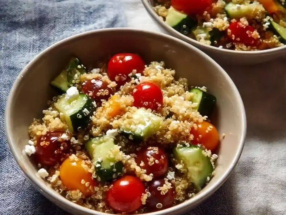 A vibrant and colorful quinoa salad with fresh vegetables and herbs.