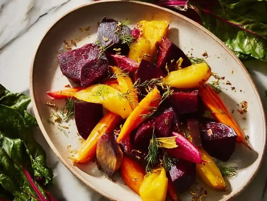 Plate of roasted beets garnished with herbs, showcasing vibrant colors and textures.