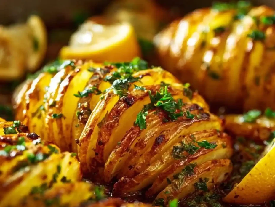 A plate of golden herb roasted potatoes garnished with fresh herbs
