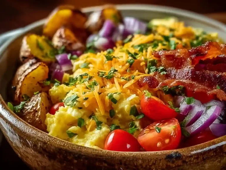 Delicious scrambled egg bowl topped with vegetables and herbs.