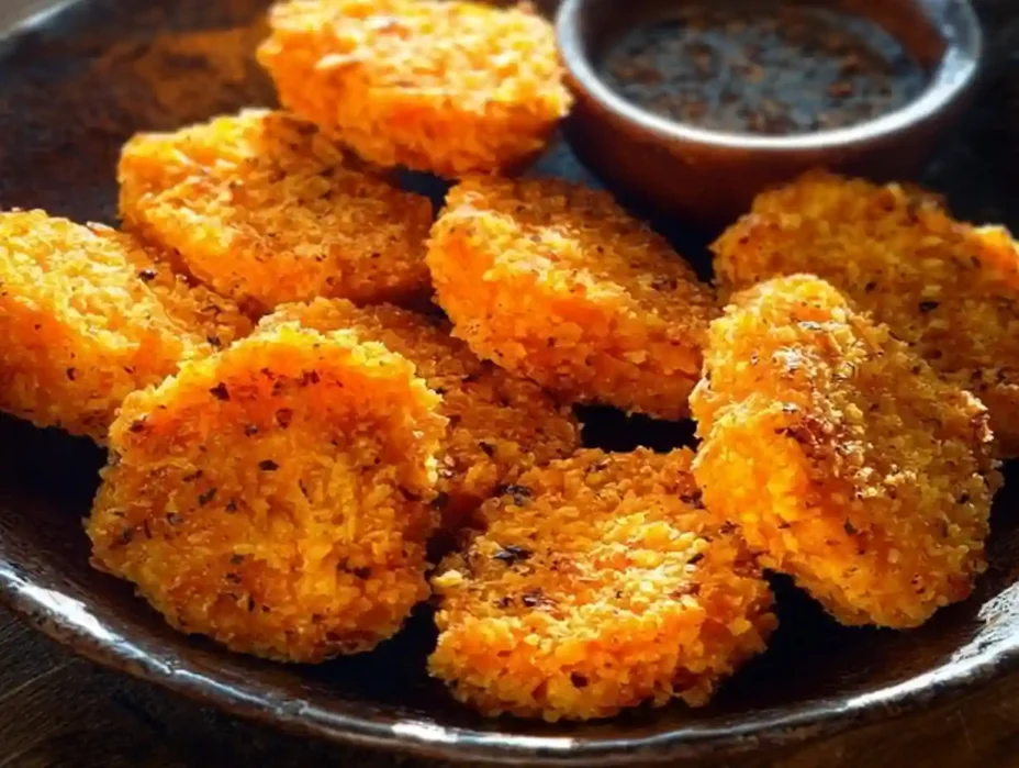 Bowl of homemade sweet potato nuggets served with dipping sauce