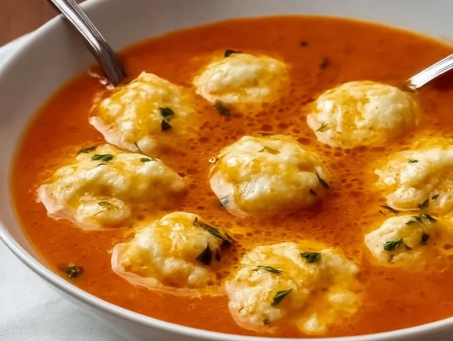 Tomato soup topped with cheese dumplings in a rustic bowl