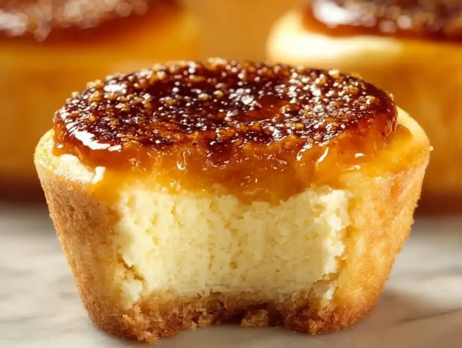 Vanilla Bean Crème Brûlée Cheesecake Cupcakes topped with caramelized sugar.