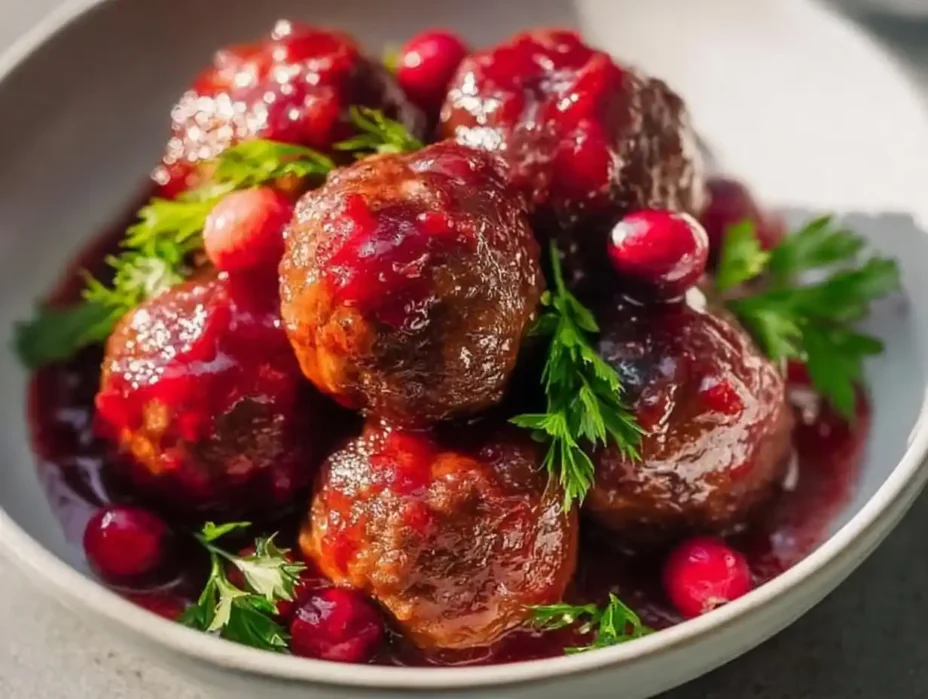 Vegan meatballs drizzled with cranberry glaze on a plate