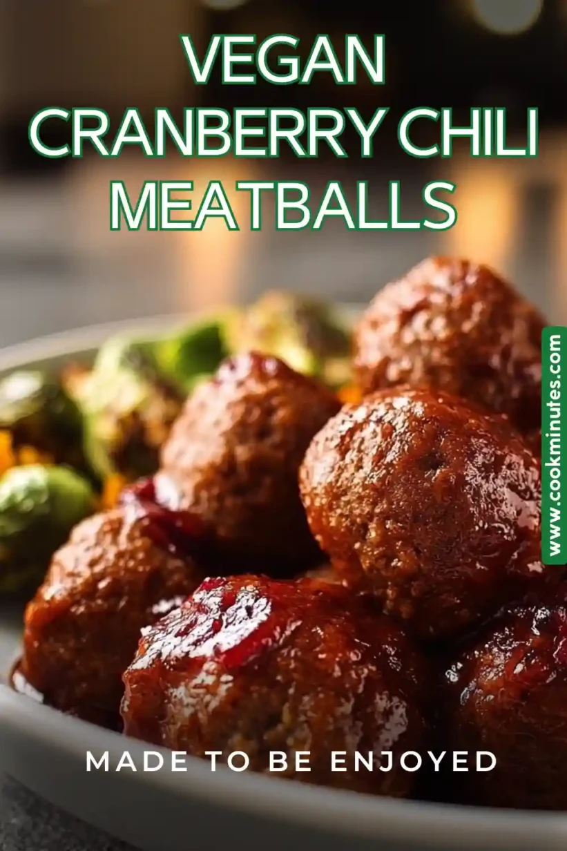Vegan Meatballs with Cranberry Glaze served on a plate garnished with parsley and cranberries.