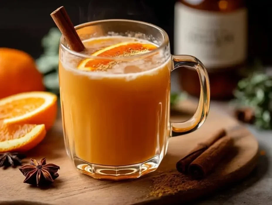 Warm Cinnamon Orange Delight Mocktail with festive cinnamon and orange slices.
