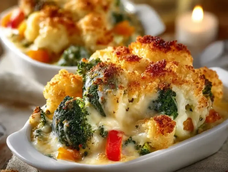 Creamy winter vegetable casserole topped with cheese and herbs in a baking dish