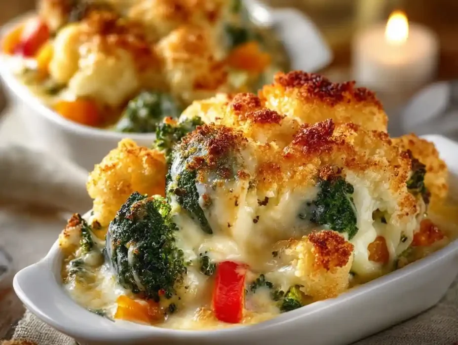 Creamy winter vegetable casserole topped with cheese and herbs in a baking dish