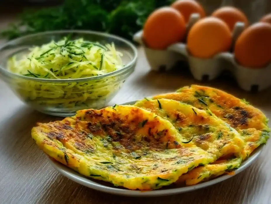 Crispy zucchini pancakes topped with cheese, served on a plate.